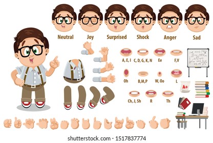 Cartoon spectacled teenager constructor for animation. Parts of body: legs, arms, face emotions, hands gestures, lips sync. Full length, front, three quater view. Set of ready to use poses, objects.