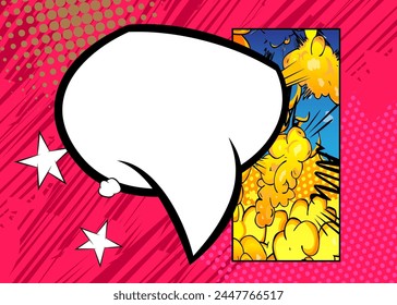 Cartoon speech bubble with blank speech bubble, comic book background. Retro vector comics pop art design.