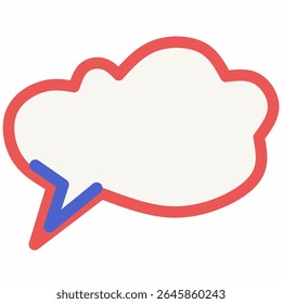 Cartoon speech bubble in cloud shape with bold red and blue outline and lightning tail. Great for fun dialogue, sticker designs, playful labels, pop art, or children's illustration elements.