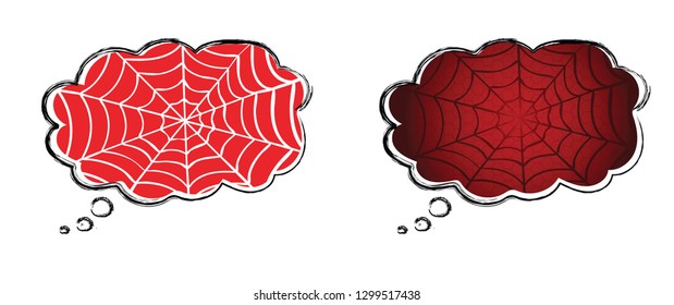 Cartoon speech bubble. Cobweb on red black background. Vector spider pictogram. Happy halloween party. spooky, Creepy, horror insect. Accident, fear, scary for man and woman. Webbing line pattern. 