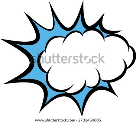 A cartoon speech bubble with a light blue interior and black outline, isolated on white background, featuring bold lines and dynamic shapes, typical of comic book art