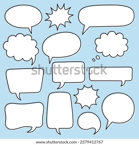 Cartoon speech bubble set with different shapes. Doodle chatting box, message box or thinking sign with boarders. Vector cloud or empty dialog frame.