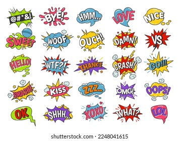 Cartoon speech bubbles. Comic book funny sound effects, xoxo kiss, sweet and smash. Omg, lol and love text balloon vector set. Dialogue clouds with different exclamations as oops, ouch