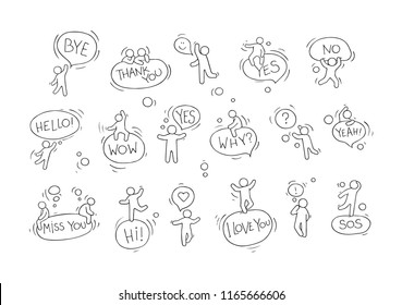 Cartoon сollection with speech bubbles. Comic hand drawn set with little people. Vector illustration isolated on white background.