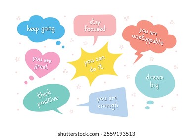 Cartoon speech bubbles, inspirational lettering phrases for teenagers. Social media, diary elements