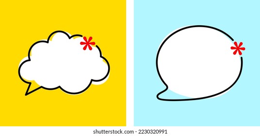 Cartoon speech bubbles outline of different shapes with asterisk sign on blue and yellow background. Space for text.