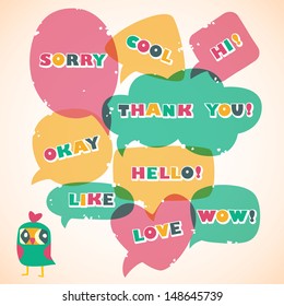 Cartoon speech bubbles with owl. Different sizes and forms. Vector illustration.