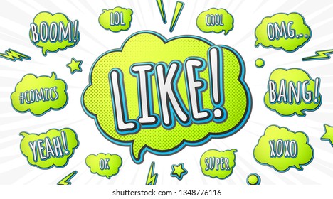 Cartoon speech bubbles and quotes in comics book and pop art style. Set of stickers and banners with halftone effect for blog and web. Vector illustration