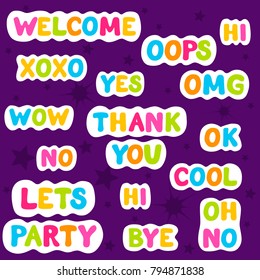 Cartoon speech bubbles set. Expression text HI, OMG, WOW, welcome, NO, YES. Vector bubbles illustration, vintage design, pop art comic style.