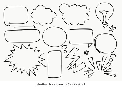 Cartoon speech bubbles in various shapes, including starburst , cloud,bolt,light bulb,arrows and rectangular forms.Vector illustration