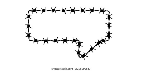 Cartoon speed bubble or speech bubble and rusty barbed wire. Wired or wires sign. For freedom or repression. World refugee day, remembrance of slave trade and its abolition. Barbed icon Fence idea.