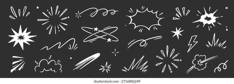 Conjunto de elementos de línea de cómic de efecto de velocidad de dibujos animados. Dibujado a mano doodle sketch boom explosión, humo de bomba, Elementos de dibujos animados de nube de explosión. Efecto de velocidad cómico, flash de potencia, Formas explosivas. Ilustración vectorial