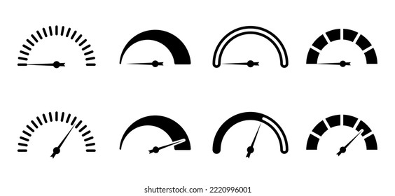 Cartoon speedometer or tachometer icon or symbol. Meter gauge element. Scale, level of performance with arrow. Speed dial indicator Low or high barometers, dashboard score progress. Measuring device s