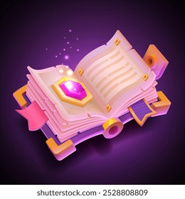 Cartoon Spell book. Magic witchcraft open spell book with torn pages game icon for menu GUI, fantasy colorful grimoire with sparkling magic spell. Vector illustration. Educational mystic literature