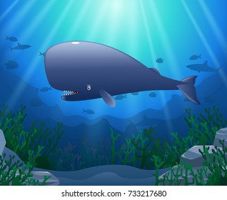 Cartoon sperm whale swimming in the sea. Vector illustration