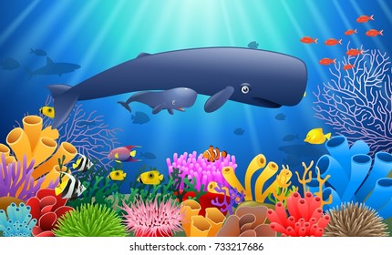 Cartoon sperm whale swimming in the sea. Vector illustration