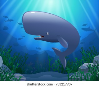Cartoon sperm whale swimming in the sea. Vector illustration