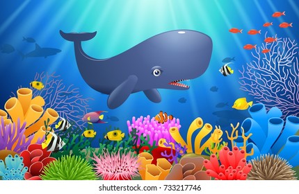 Cartoon sperm whale swimming in the sea. Vector illustration
