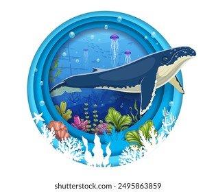 Cartoon sperm whale at underwater landscape with vibrant coral reef scene. 3d vector round layered paper cut frame with sea life including fish, algae, jellyfishes and bubbles in a circular border