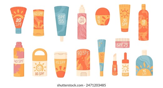 Cartoon spf cream tube set, flat uv protection lotion container collection, vector sun screen spray bottle and isolated solar block moisturizer pack with vary spf, creative sunblock cosmetic product.