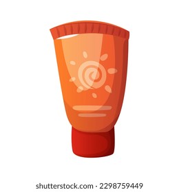 Cartoon spf sunscreen cream. Swimming pool accessories, tropical resort sticker. Beach party holidays, summer vacation, leisure, recreation, rest item. Vector for banner, poster, menu, flyer.