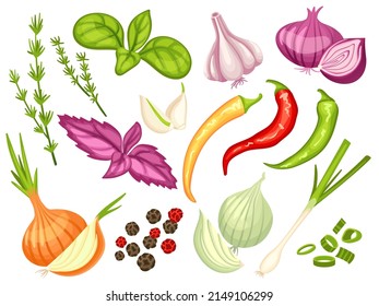 Especias de caricatura. Cebolla, ajo y pimientos. Ingredientes de salsa picante, hojas verdes de albahaca y pimienta seca. Vegetable, hierbas culinarias, conjunto de vector limpio