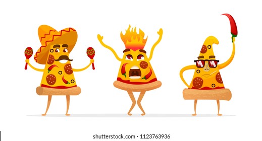 Cartoon spicy pizza characters slices. Mexican pizza with red hot chilly pepper . vector illustration isolated on white background.