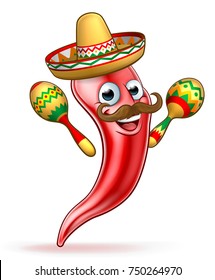 A cartoon spicy red pepper character with moustache wearing Mexican sombrero hat and shaking maracas 