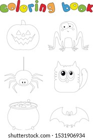 Cartoon spider, bat, pumpkin, cat, toad and pot with potion. Coloring book for Halloween. Digital illustration