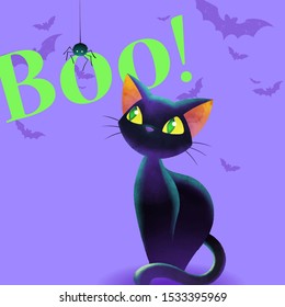 Cartoon spider and cat design layout. Pillowcase and T-shirt design concept. Spider boo cat on violet background. Vector illustration template.