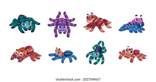 Cartoon Spider. Cute Child Insect Mascot With Funny Big Eyes For Kids Illustration. Colorful Tarantula Collection. Halloween Spidery Creatures. Vector Isolated Arachnid Characters Set