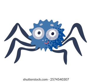 A cartoon spider features a blue body with a textured surface, large round eyes, and a friendly smile. The eight legs are outlined prominently, creating a playful character perfect for kids' art.