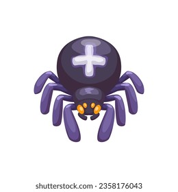 Emoji de araña de caricatura de halloween. Vector aislado arácnido con ocho patas, conocido por la producción de seda y colmillos venenosos para la caza. Espectro espeluznante con cruz en la espalda listo para dar un giro de diversión espeluznante