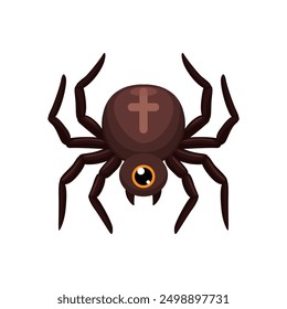 Emoji de Halloween de araña de dibujos animados. Arácnido de Vector aislado con ocho patas y un ojo. Espeluznante insecto venenoso con cruz en su espalda, encarnando el espíritu espeluznante de las vacaciones, listo para girar un poco de diversión