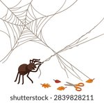 A cartoon spider hanging from a web with scissors and fallen autumn leaves.