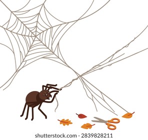 A cartoon spider hanging from a web with scissors and fallen autumn leaves.