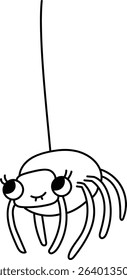 A cartoon spider with large eyes hangs from a thread in a playful style. The arachnid features a cheerful expression and simple lines. Cartoon vector illustration.
