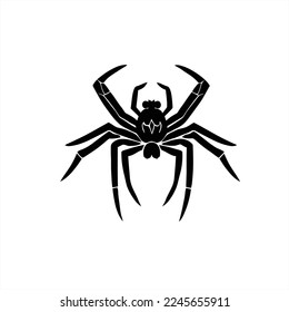 Cartoon Spider logo design vector icon symbol illustration. A spider with claws on its back and a black outline on a white background, with a black outline on the front of the spider