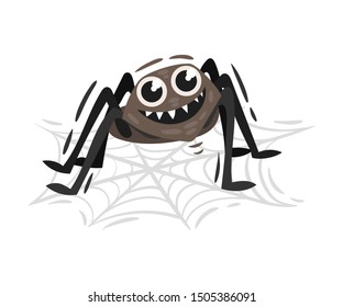 Cartoon spider on the web. Vector illustration on a white background.