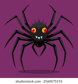 A cartoon spider with red eyes on a purple background