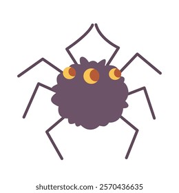 A cartoon spider with a round, fluffy body features three large eyes and six legs. The design is simple and colorful, showcasing bold, vibrant colors that attract attention.