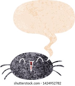 araña de dibujos animados con burbuja de habla en un estilo retro angustiado con texturas estrafalarias