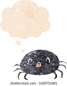 cartoon spider with thought bubble in grunge distressed retro textured style