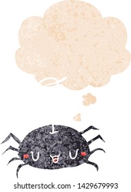 cartoon spider with thought bubble in grunge distressed retro textured style