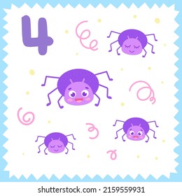 Cartoon spider. Vector insect for counting. Funny insects on an isolated background in a frame. Design template for kids education, entertainment, books