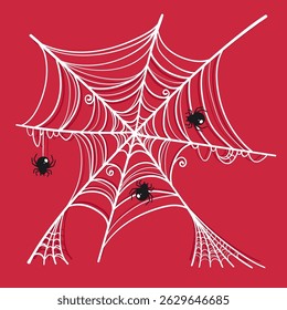 Cartoon Spider Web with Black Spiders in Hand Drawn Style. Doodle arachnid web perfect for cards, party invitations, web, fashion, print