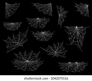 Cartoon spider web and cobweb, Halloween decorations, vector horror night party, vector set. Halloween spiderweb nets on corners on transparent background, holiday trick or treat spooky decor