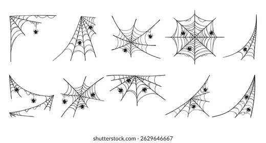 Cartoon Spider Web Collection in Hand Drawn Style. Doodle arachnid web perfect for cards, party invitations, web, fashion, print