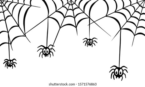 Cartoon Spider Web and Spiders For Border or Frame