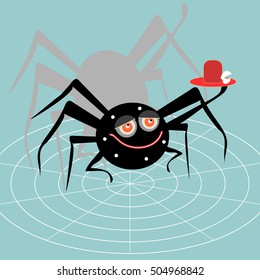 Cartoon spider with web vector illustration.
